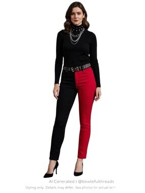 Harajuku Colorblock Split Leg Skinny Jeans Red Black Punk Goth